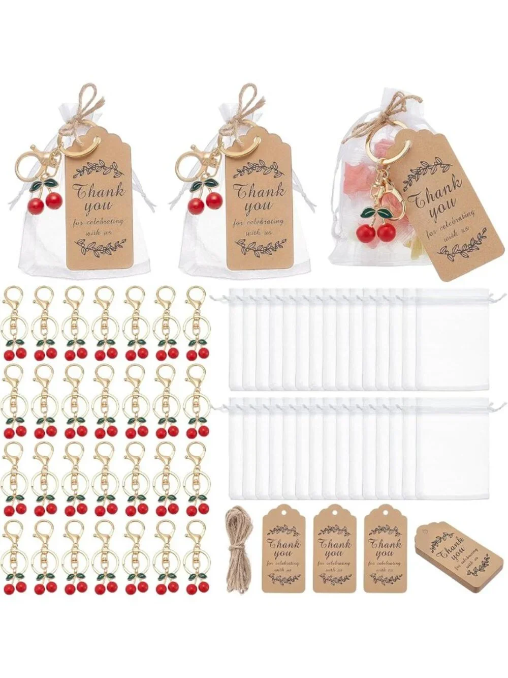 30 Red Cherry Keychains Bulk Party Favors with Organza Bags & Thank You Tags
